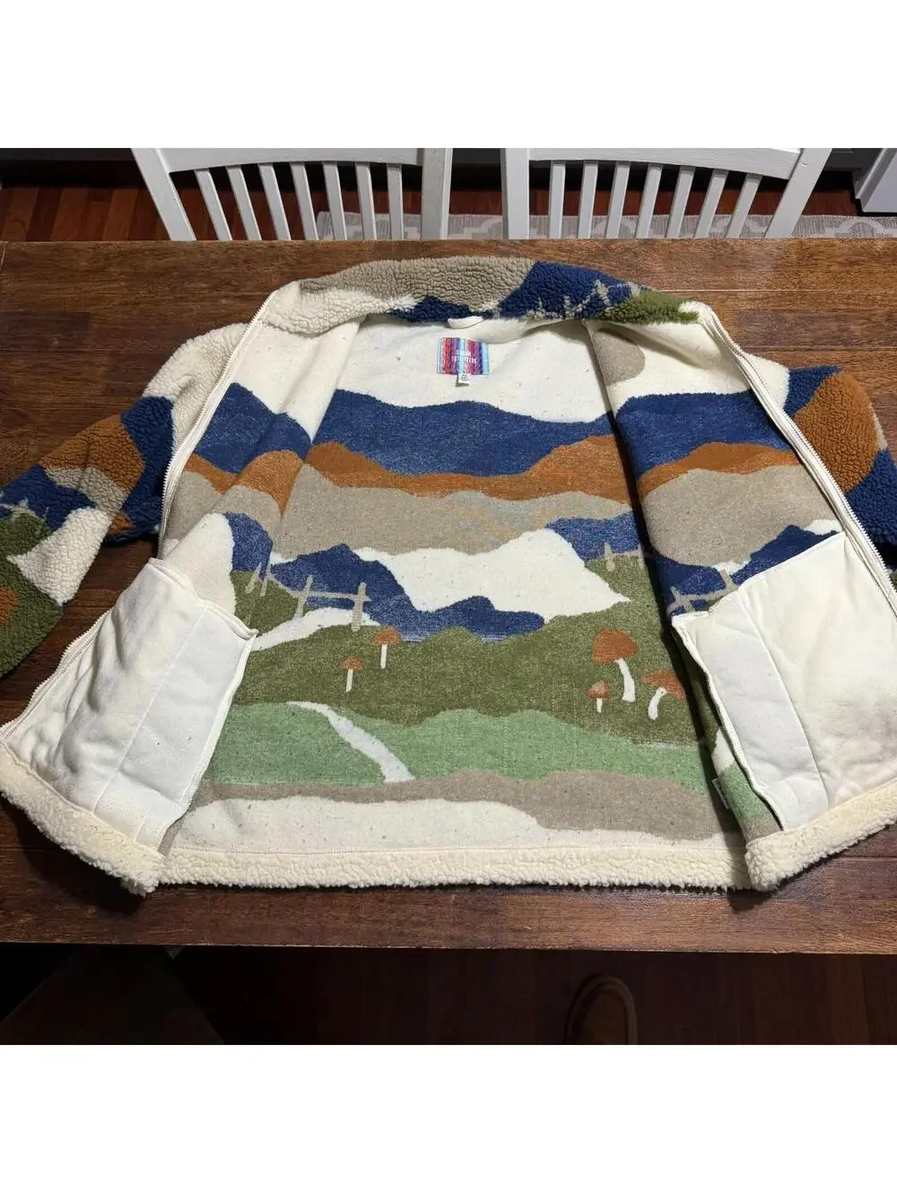 Urban Outfitters Mens Sherpa Jacket XL Multicolor Landscape Sweater Gorpcore Y2K